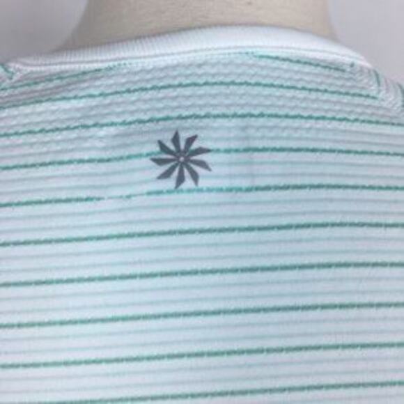 Athleta Green and White Stipe Fast Track Short Sleeve Knit Athletic Top Med - Picture 7 of 8